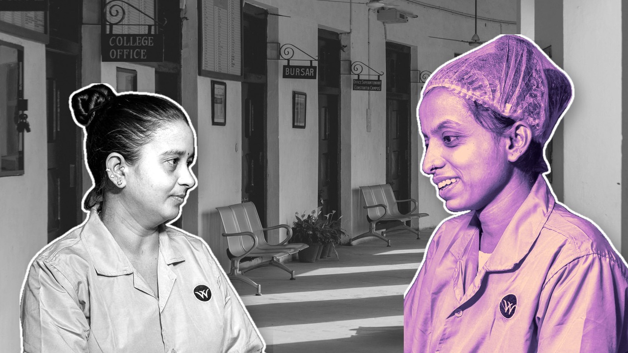 Collage of two uniformed workers in a government office corridor