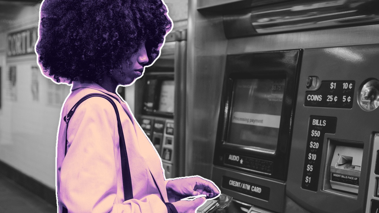 A commuter buys a fare card at a subway ticket machine, in a violet-toned collage.